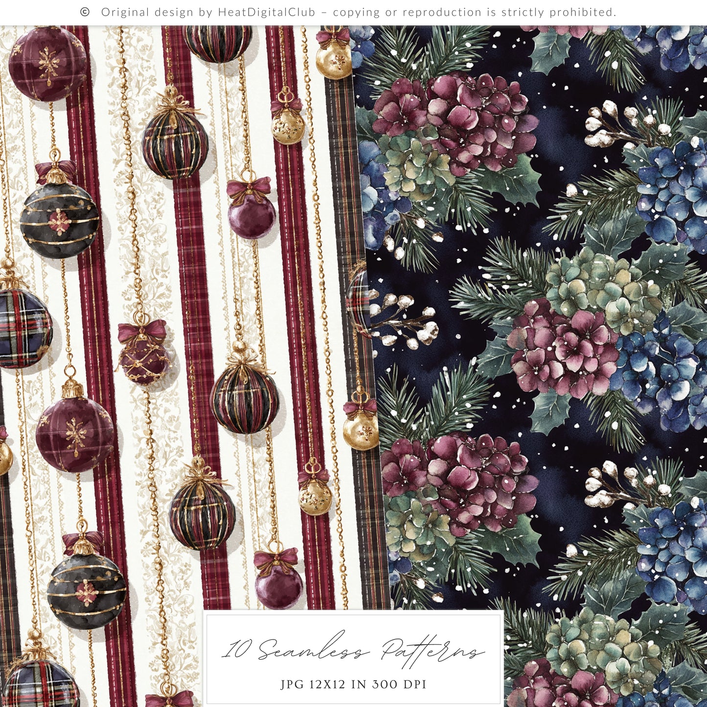 Winter Elegance - Watercolor Seamless Patterns, Moody Christmas Tartan, Holiday | 10 JPEG