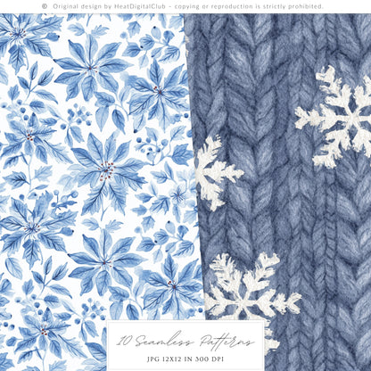 Winter Residence - Watercolor Seamless Patterns, Cozy Elegant Chinoiserie | 10 JPEG