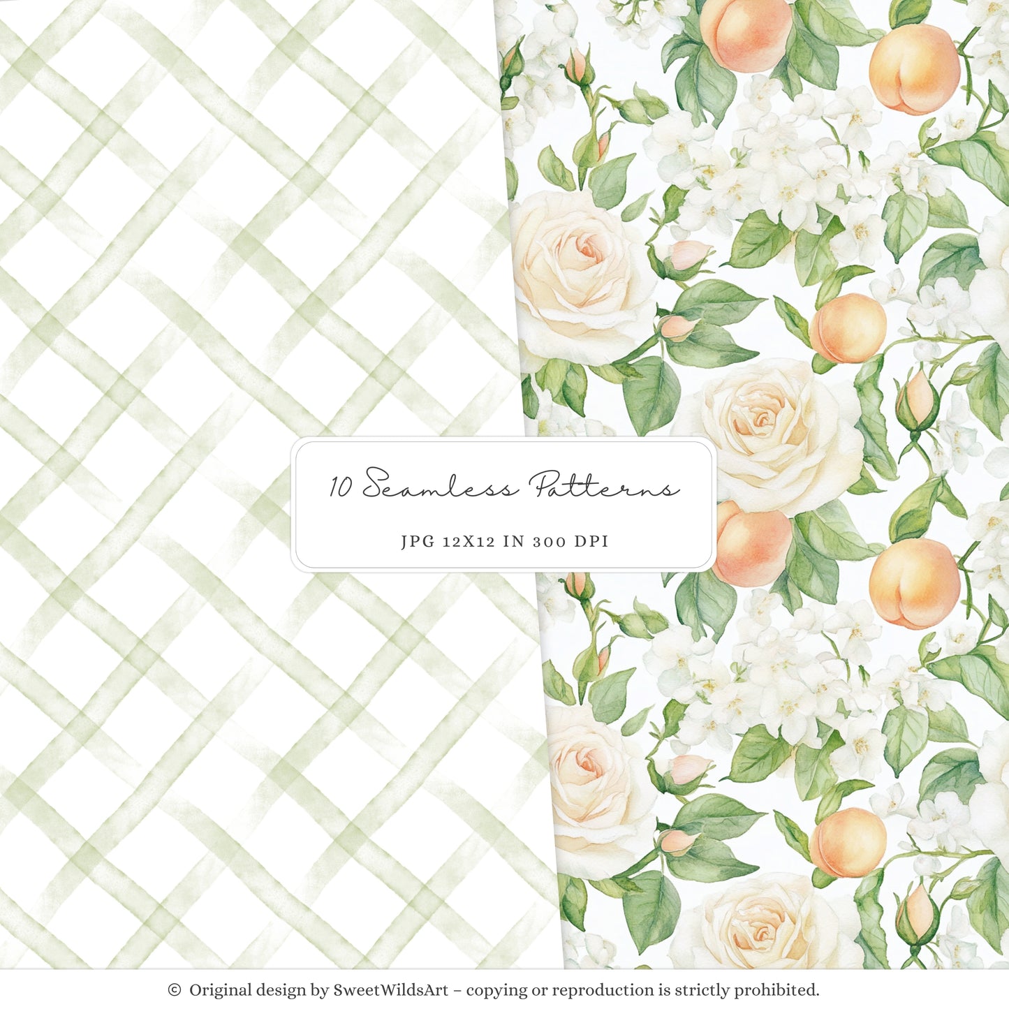 Sweet Peach - Seamless Patterns, Gingham, Cute Summer, Blossoms | 10 JPEG