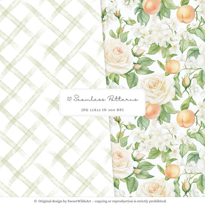 Sweet Peach - Seamless Patterns, Gingham, Cute Summer, Blossoms | 10 JPEG