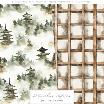 Rainy Kyoto - Seamless Patterns, Japanese Patterns, Cozy Textures, Floral Patterns | 10 JPEG