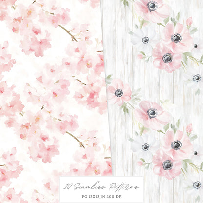 Spring Home - Seamless Patterns, Floral, Pink, Spring | 10 JPEG