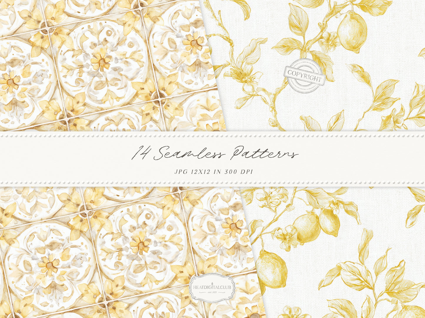 Summer Aperitivo - Seamless Patterns, Italian Citrus Patterns, Lemon Toile Floral Stripe Gingham | 14 JPEG