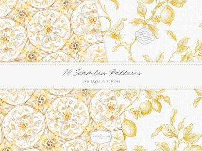 Summer Aperitivo - Seamless Patterns, Italian Citrus Patterns, Lemon Toile Floral Stripe Gingham | 14 JPEG