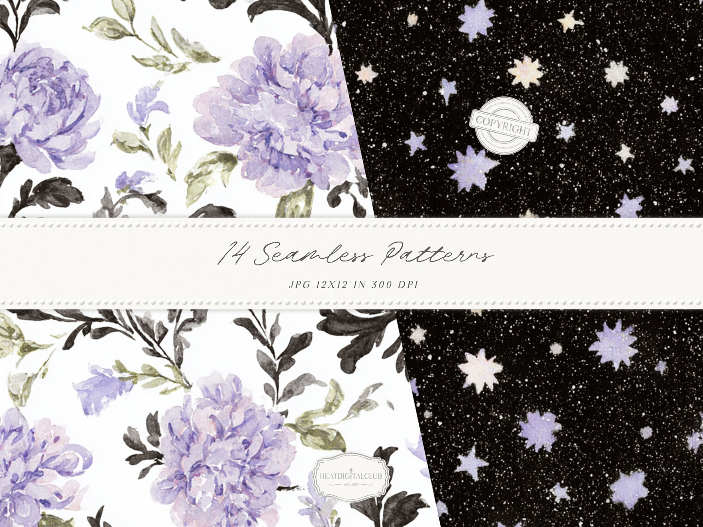 Firefly Garden - Seamless Patterns, Summer Lavender Night Sky, Botanical Patterns, Cottagecore | 14 JPEG