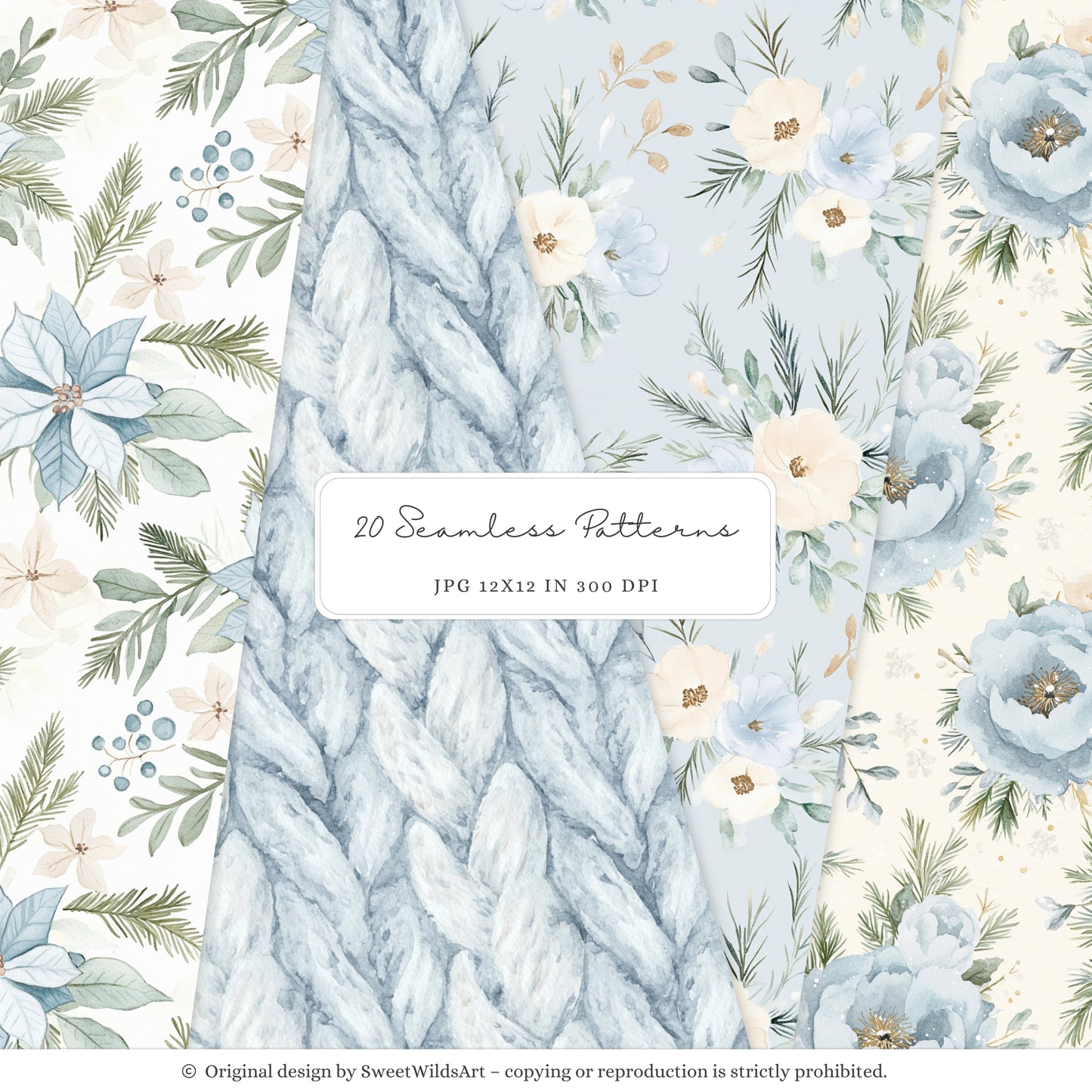 Winter Geese - Winter Seamless Patterns, Soft Blue Beige Plaid, Stripes | 20 JPEG