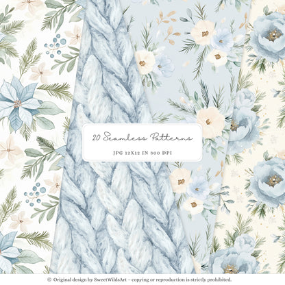 Winter Geese - Winter Seamless Patterns, Soft Blue Beige Plaid, Stripes | 20 JPEG