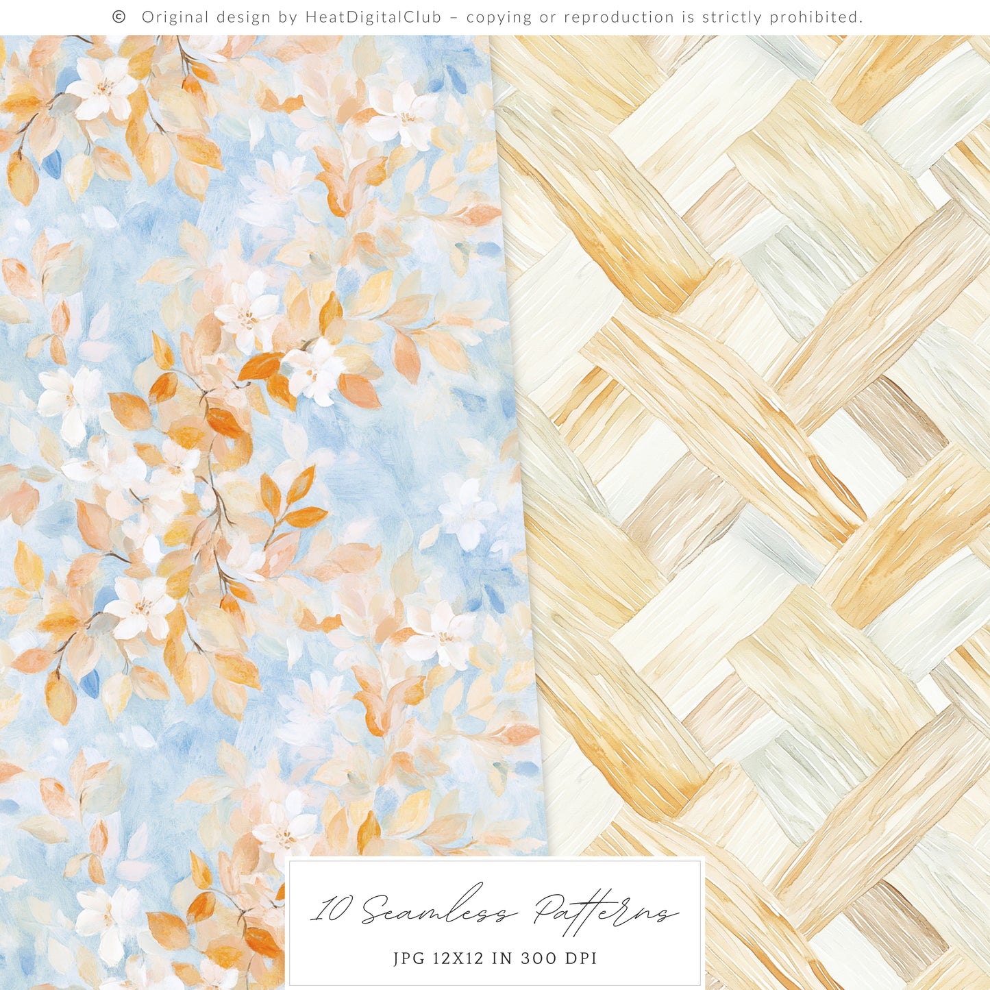 Autumn Shore - Seamless Patterns, Coastal Fall, Blue Orange Pumpkin | 10 JPEG
