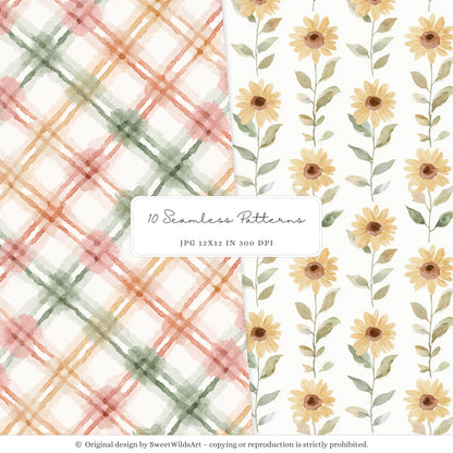 Goose Farm - Seamless Patterns, Plaid, Country Pumpkin, Sunflowers | 10 JPEG