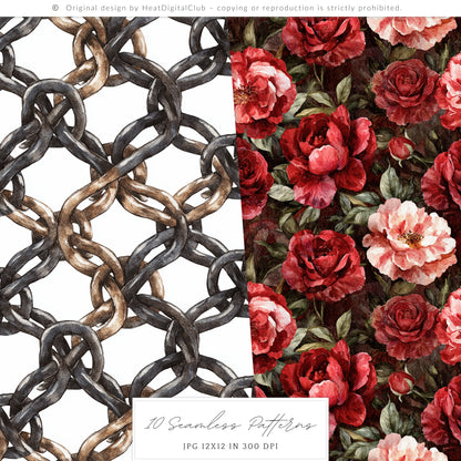 Medievalcore - Gothic Patterns, Red Roses Plaid Chains | 10 JPEG