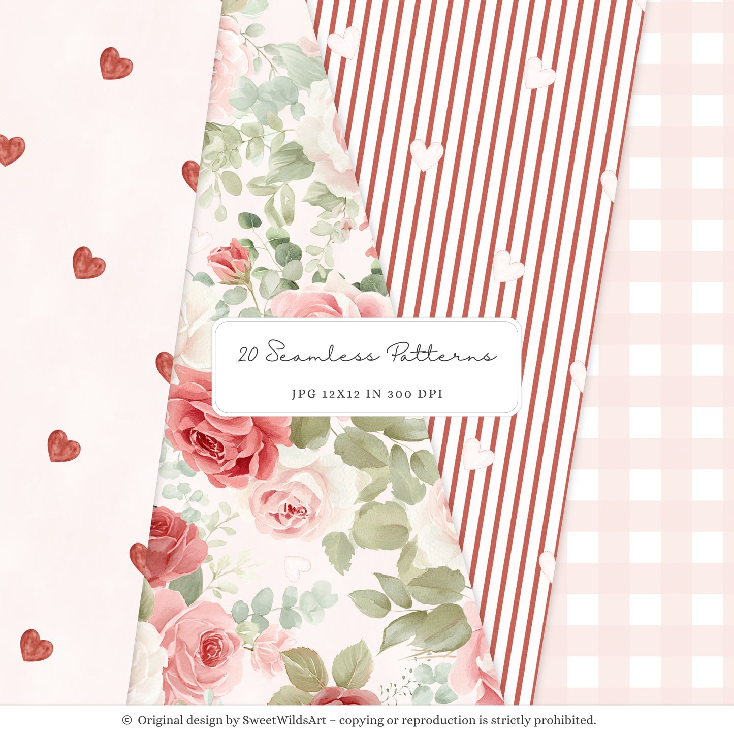 Romantic Classics - Seamless Patterns, Valentine's Day, Gingham Hearts Floral, Love | 20 JPEG
