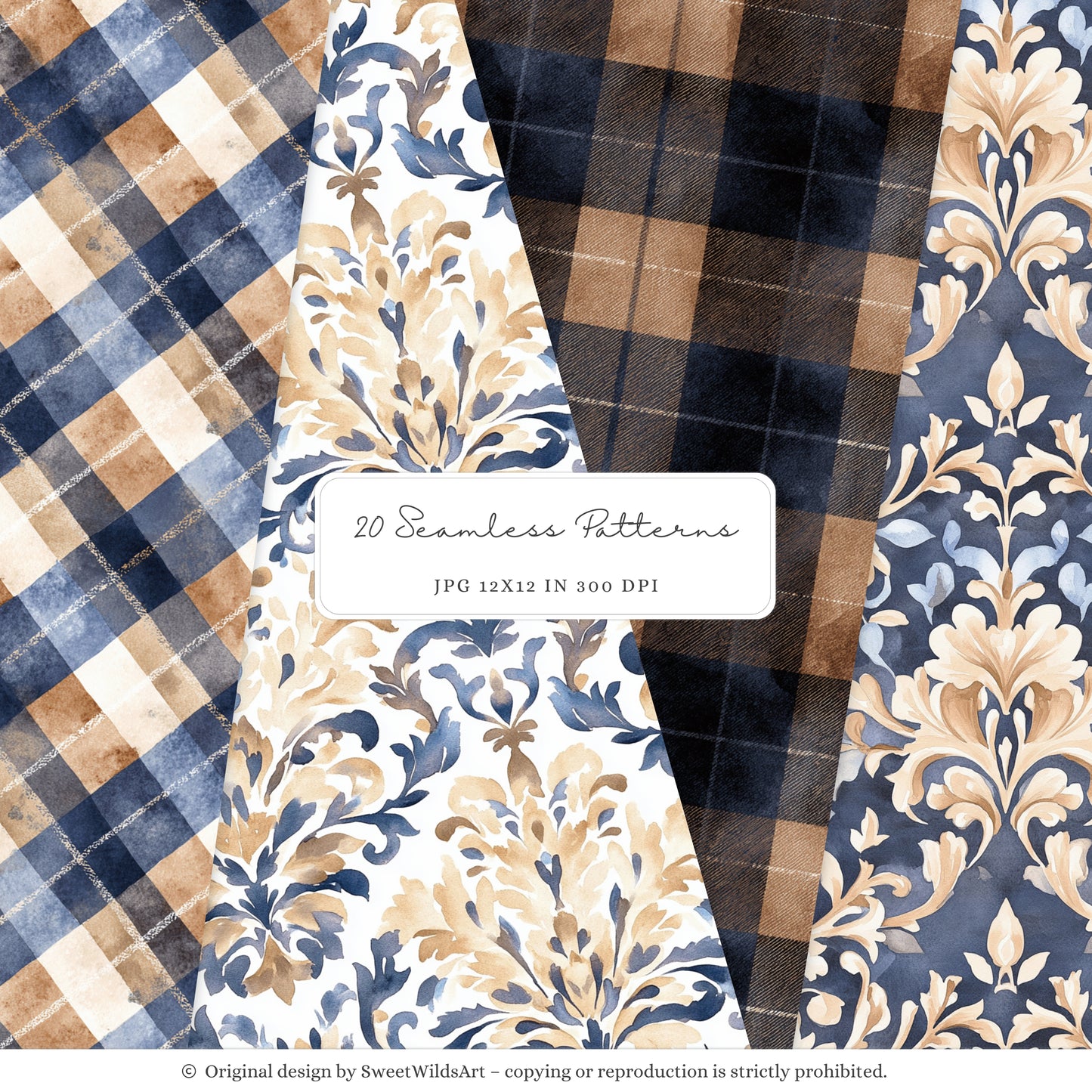 Winter Classics - Seamless Patterns, Blue Brown Tartan, Florals, Woodland, Nursery | 20 PNG