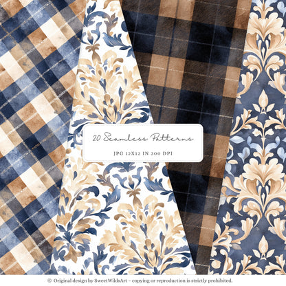 Winter Classics - Seamless Patterns, Blue Brown Tartan, Florals, Woodland, Nursery | 20 PNG
