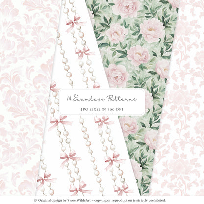 Little Coquettes - Seamless Patterns, Pink Gingham & Floral, Coquette, Baby Girl | 14 JPEG