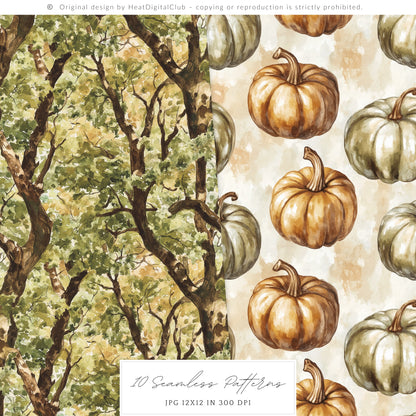 Autumn Gallery - Seamless Patterns, Fall, Pumpkin Botanical | 10 JPEG