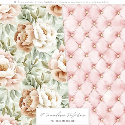 Blush Academia - Seamless Patterns, Light Academia, Pink Brown Peonies | 10 JPEG