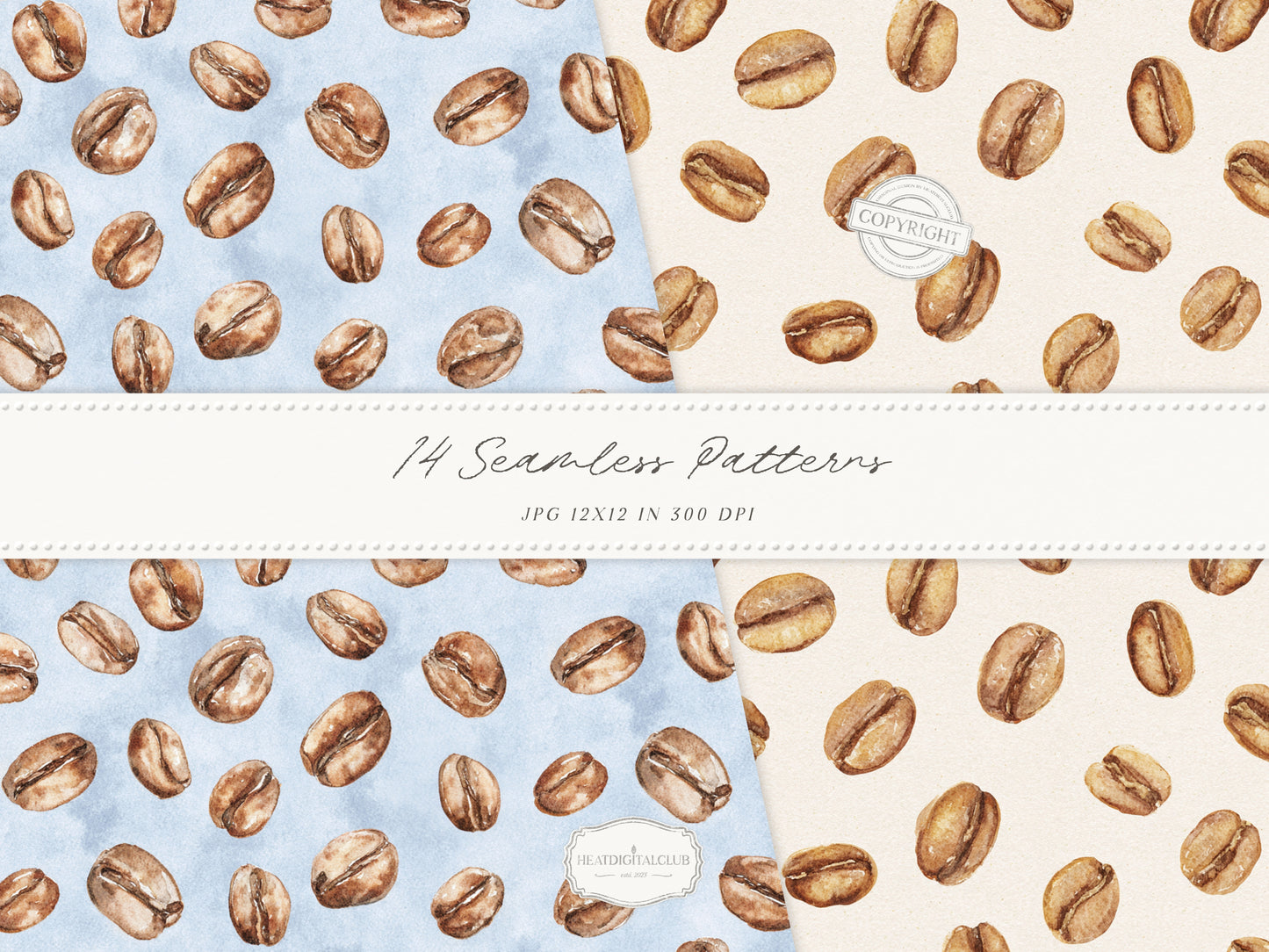 Coffee & Denim - Seamless Patterns, Textile Prints, Coffee Bean Patterns, Blue Brown Denim Fabric | 14 JPEG