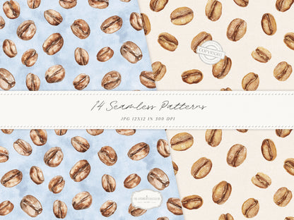 Coffee & Denim - Seamless Patterns, Textile Prints, Coffee Bean Patterns, Blue Brown Denim Fabric | 14 JPEG