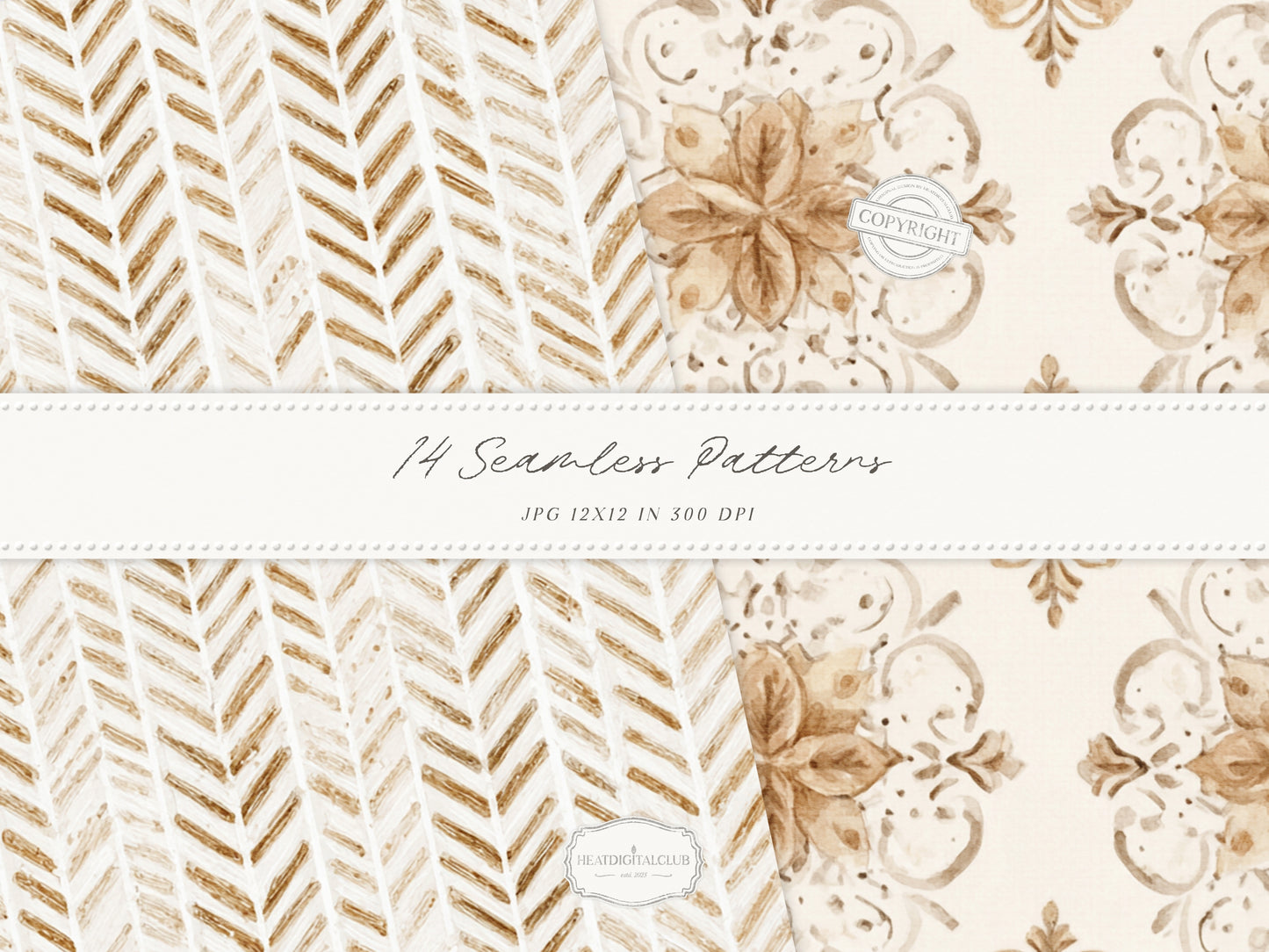 Bohemian Fall - Seamless Patterns, Boho Autumn, Cream Brown Floral Patterns, Pumpkins, Plaid | 14 JPEG