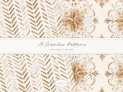 Bohemian Fall - Seamless Patterns, Boho Autumn, Cream Brown Floral Patterns, Pumpkins, Plaid | 14 JPEG