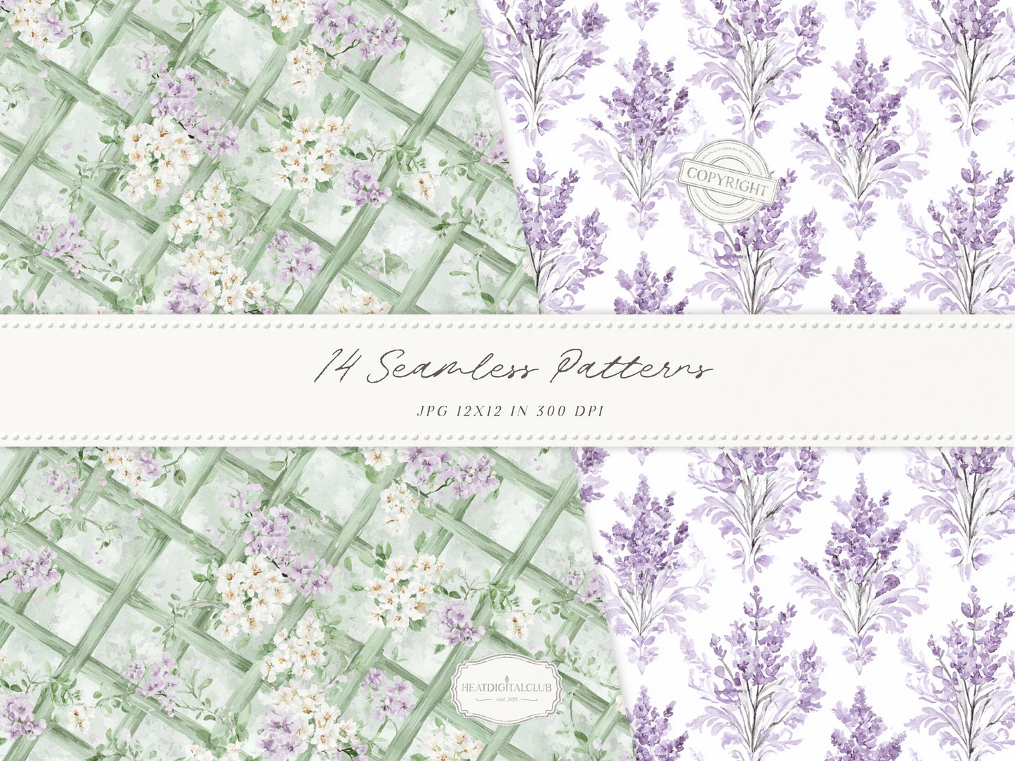 Pistachio Lavender - Seamless Patterns, French Countryside, Lavender Floral Digital Paper, Spring | 14 JPEG
