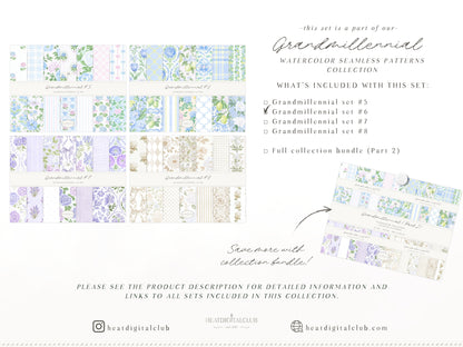 Grandmillennial Set 6 - Seamless Patterns, Italian Lemon Floral, Blue Yellow Tile, Plaid Digital Repeating Pattern | 14 JPEG