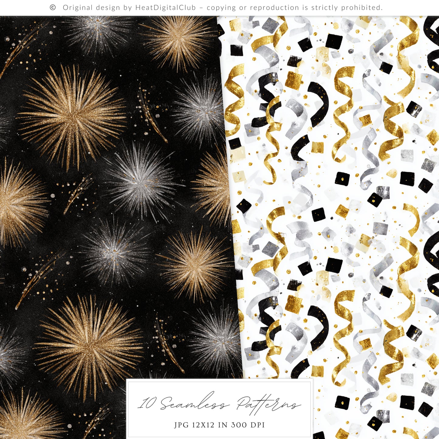 Happy New Year - Seamless Patterns, Black Gold Silver, Glitter Balloons Stars, Festive | 10 JPEG