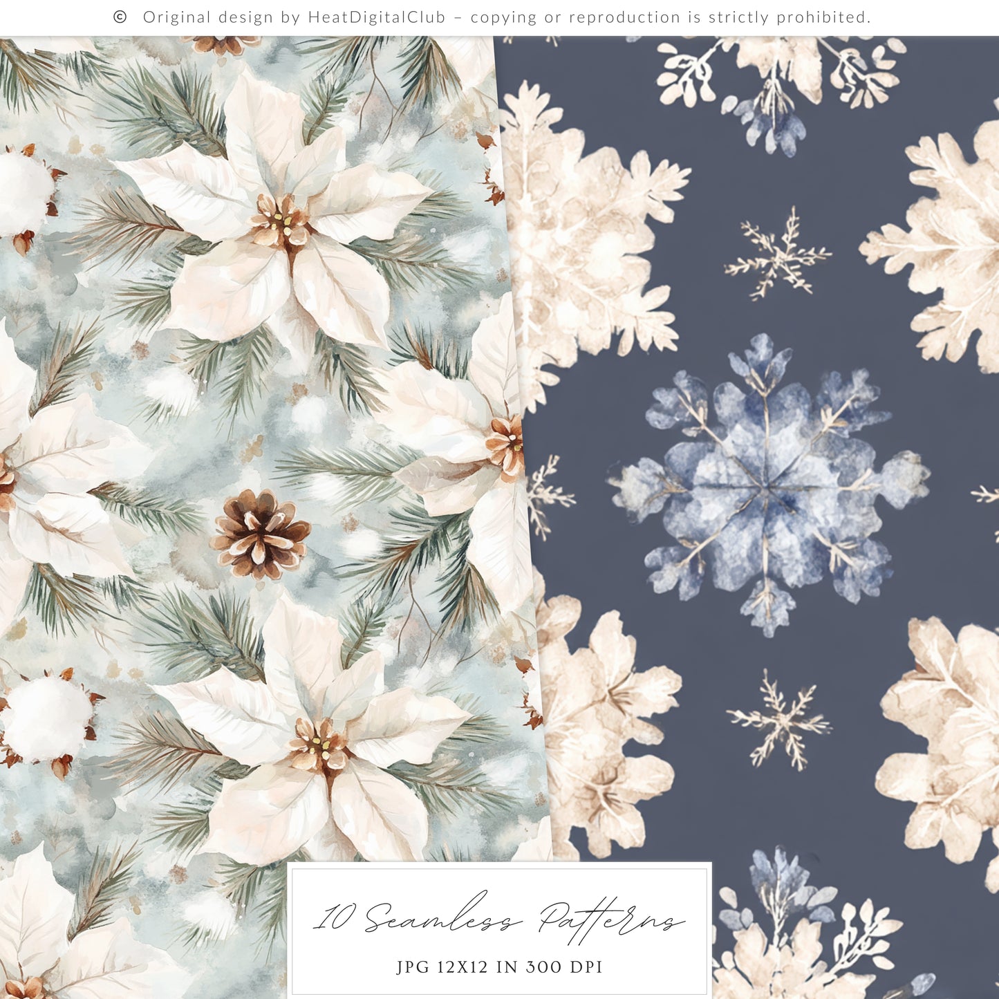 Winter Residence - Watercolor Seamless Patterns, Cozy Elegant Chinoiserie | 10 JPEG