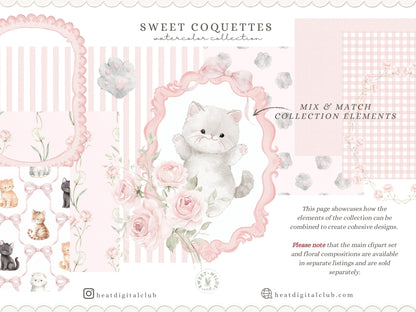 Sweet Coquettes - Seamless Patterns, Pink Digital Paper, Gingham Stripes Floral Patterns, Baby Girl | 10 JPEG
