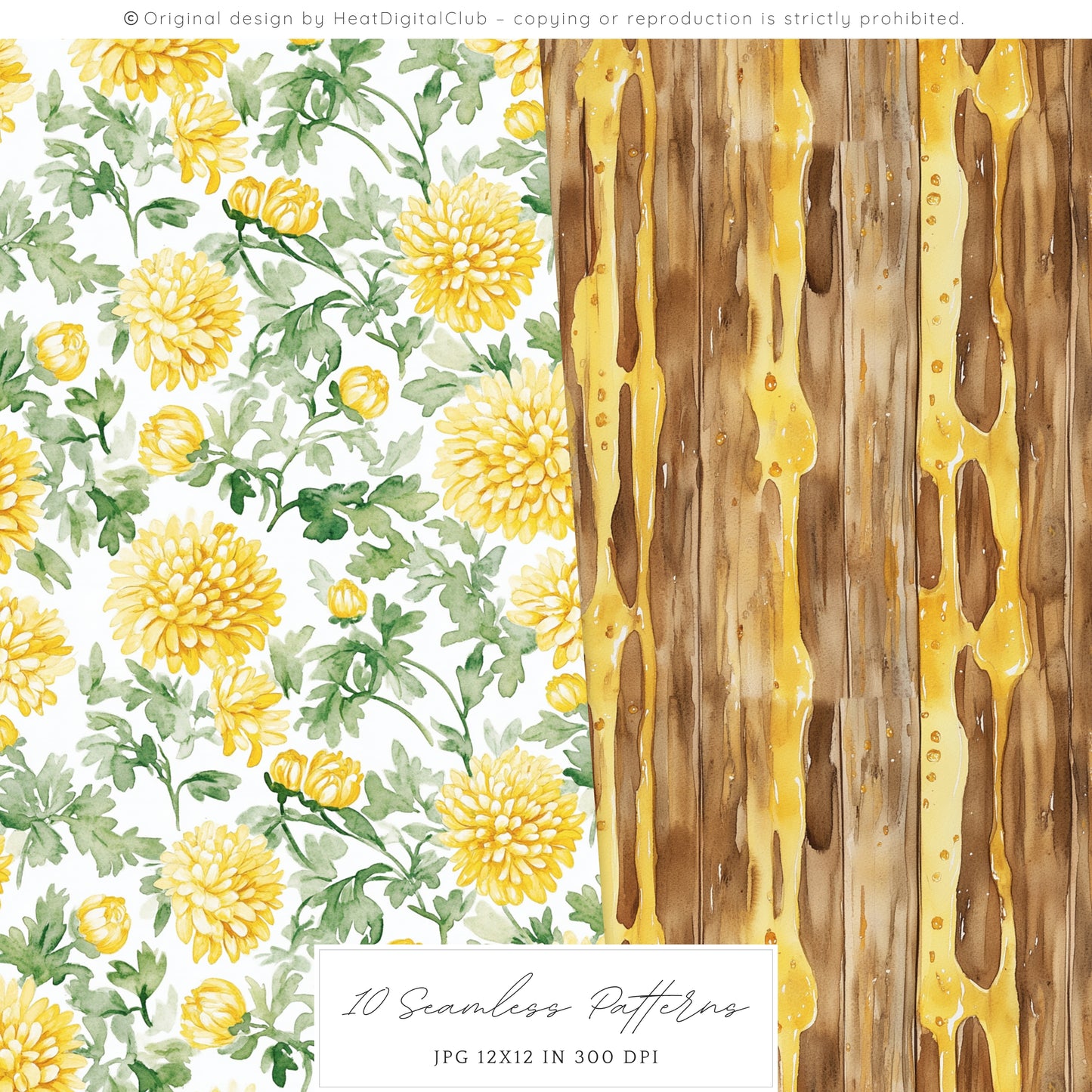 Honey Garden - Seamless Patterns, Bee, Yellow Floral, Honeycomb | 10 JPEG