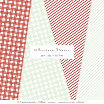 Goosemas Joy - Christmas Seamless Patterns, Polka Dot, Stripes, Gingham Plaid | 20 JPEG