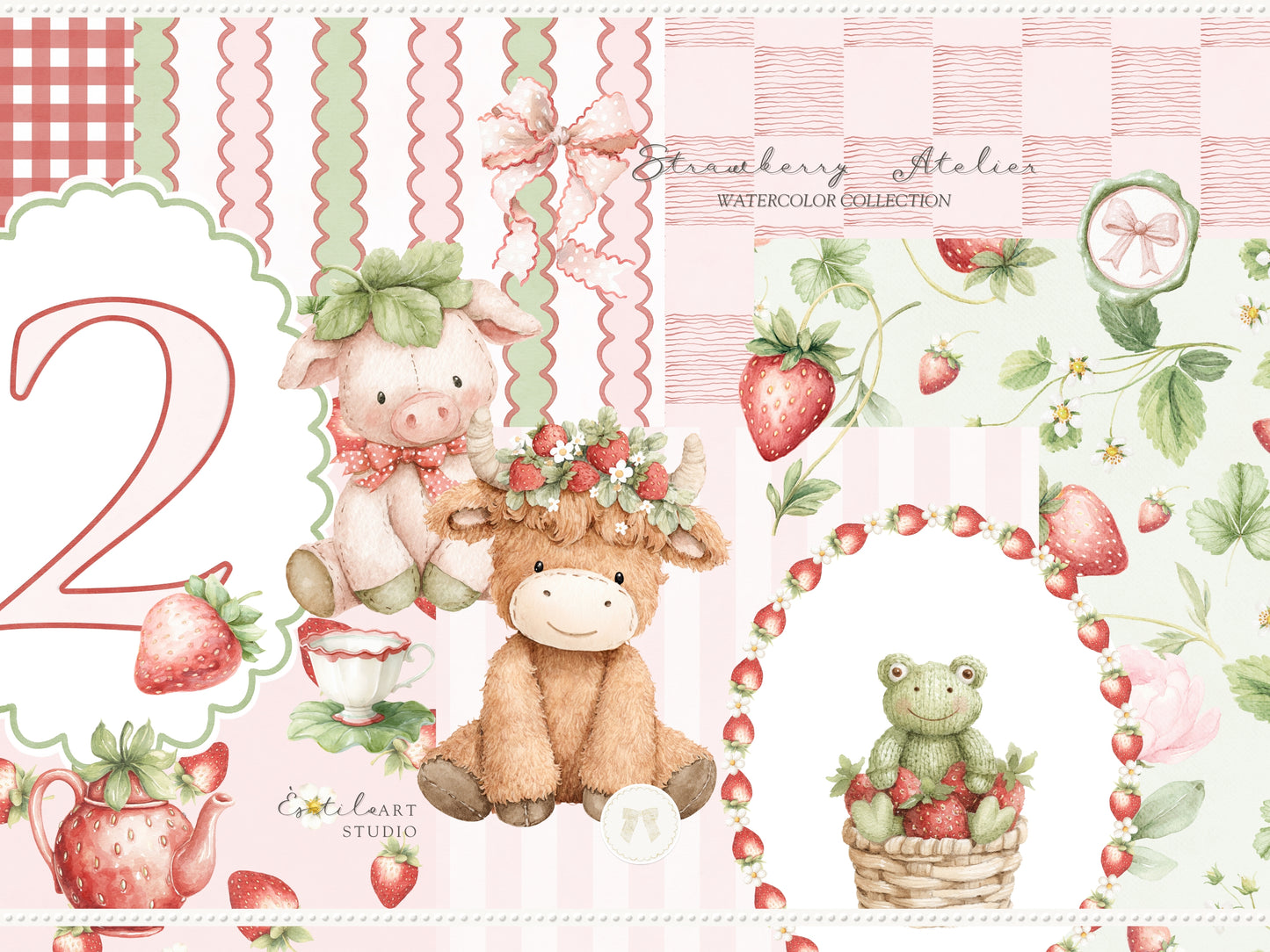 Strawberry Atelier - Bundle Clipart, Cottagecore Nursery, Baby Girl Birthday, Heirloom Toys, Spring | 119 PNG/JPEG