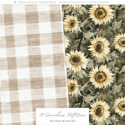 Grateful Feast - Seamless Pattern, Fall, Thanksgiving Pumpkin, Autumn Sunflower | 10 JPEG