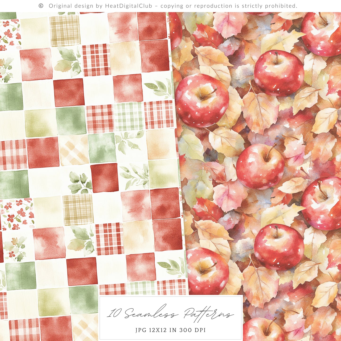 Falling Apples - Seamless Patterns, Cozy Autumn Gingham, Pumpkins | 10 JPEG