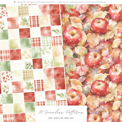 Falling Apples - Seamless Patterns, Cozy Autumn Gingham, Pumpkins | 10 JPEG