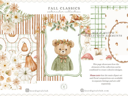 Fall Classics - Seamless Patterns, Gingham, Mushrooms, Pumpkins, Goose, Leaves, Rustic Nursery | 10 JPEG