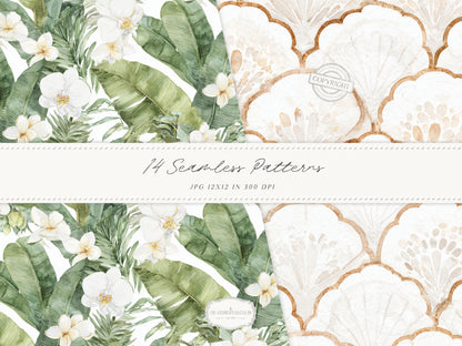 Coconut Dune - Tropical Seamless Patterns, Neutral Beach Patterns, Palm Leaves, Coastal Summer | 14 JPEG