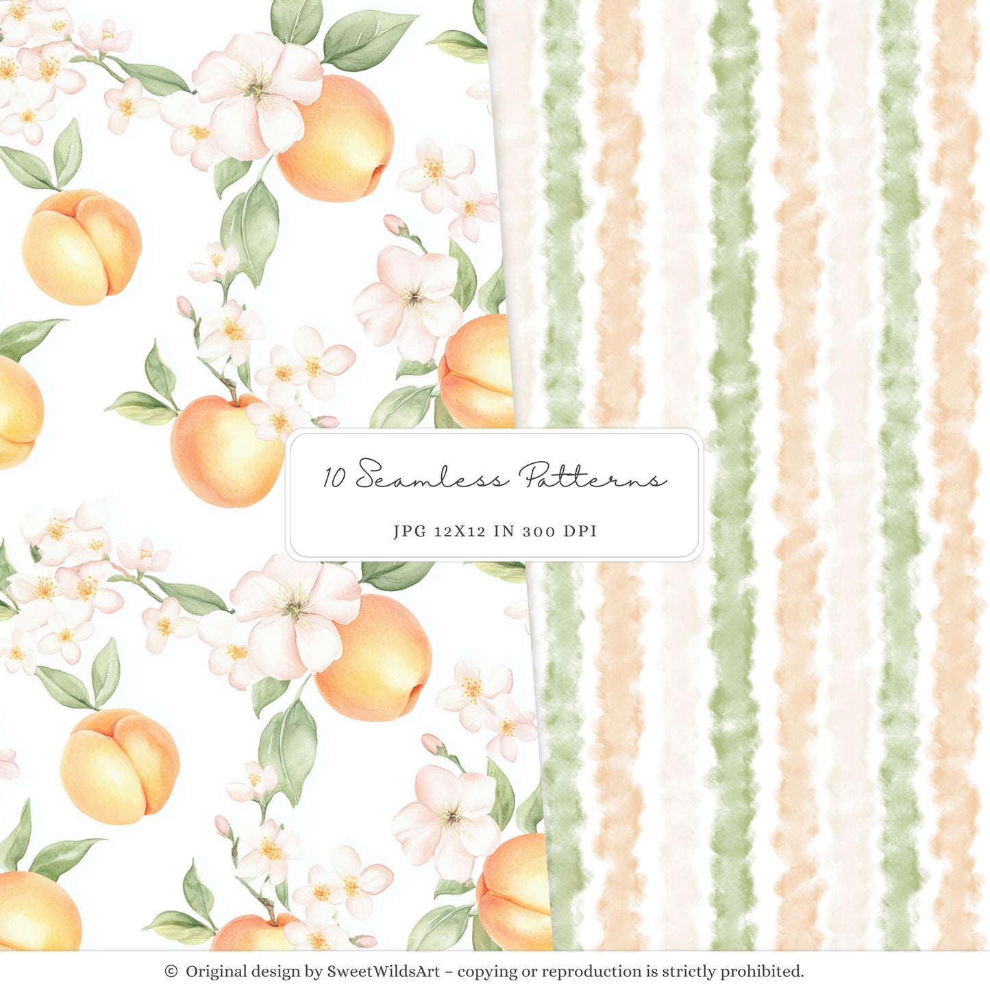 Sweet Peach - Seamless Patterns, Gingham, Cute Summer, Blossoms | 10 JPEG