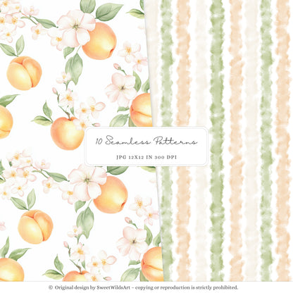 Sweet Peach - Seamless Patterns, Gingham, Cute Summer, Blossoms | 10 JPEG