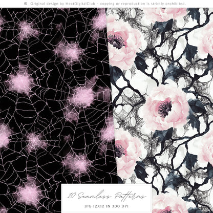 Pretty Haunting - Seamless Patterns, Black & Pink Gothic Halloween, Spooky  | 10 JPEG