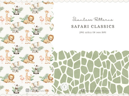 Safari Classics - Seamless Patterns, Animals, Jungle Nursery Digital Paper, Tropical Leaves | 16 JPEG