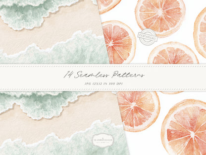 Grapefruit Breeze - Summer Seamless Patterns, Beach, Citrus, Mint Green Pattern, Coastal | 14 JPEG