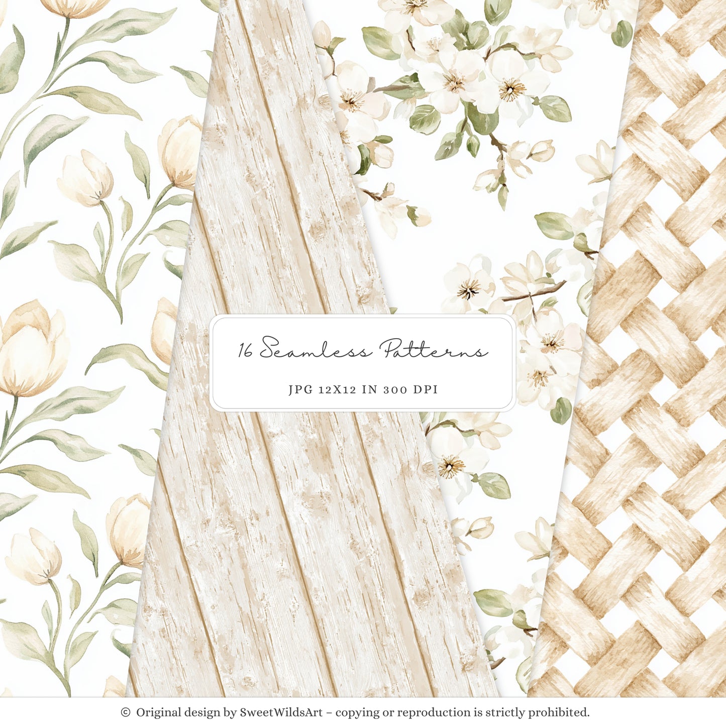 Gentle Meadow - Seamless Patterns, Spring Floral, Neutral Gingham Pattern, Pastel Papers, Nursery | 16 JPEG