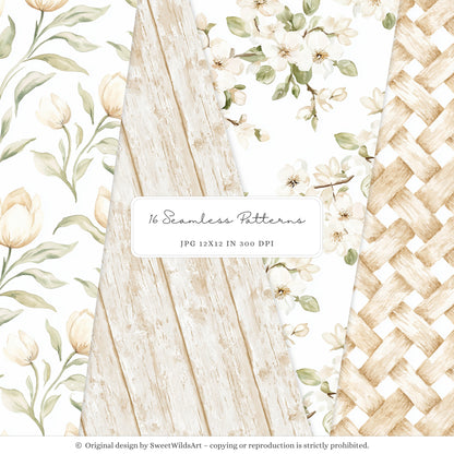 Gentle Meadow - Seamless Patterns, Spring Floral, Neutral Gingham Pattern, Pastel Papers, Nursery | 16 JPEG