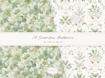 Country Spring - Seamless Patterns, Cottagecore, Strawberry & Lilac Prints, Rustic Neutral | 14 JPEG