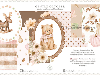 Gentle October - Watercolor Fall Seamless Patterns, Floral Plaid Collection | 12 JPEG