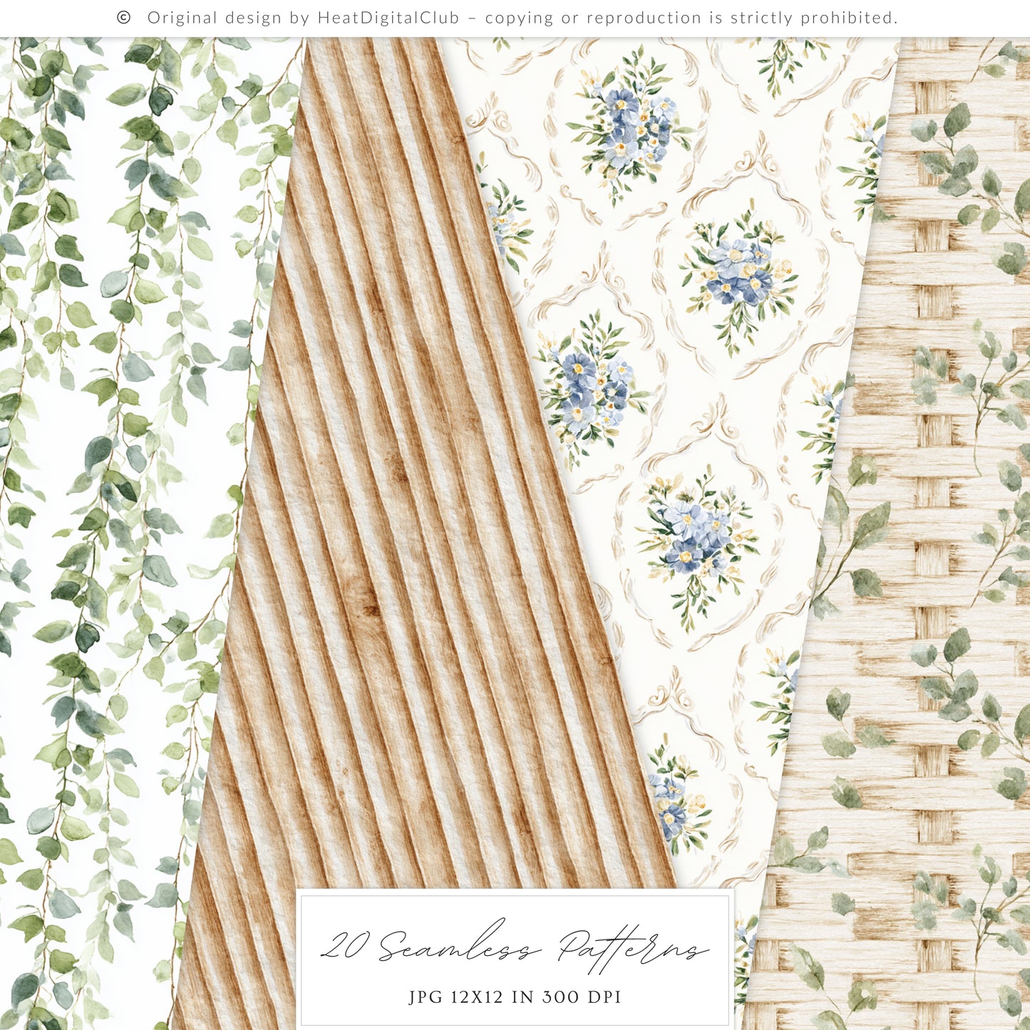 Quiet Cottage - Seamless Patterns, French Cottagecore Hydrangea, Gingham, Chinoiserie, Vintage | 20 JPEG