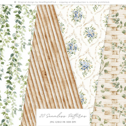 Quiet Cottage - Seamless Patterns, French Cottagecore Hydrangea, Gingham, Chinoiserie, Vintage | 20 JPEG