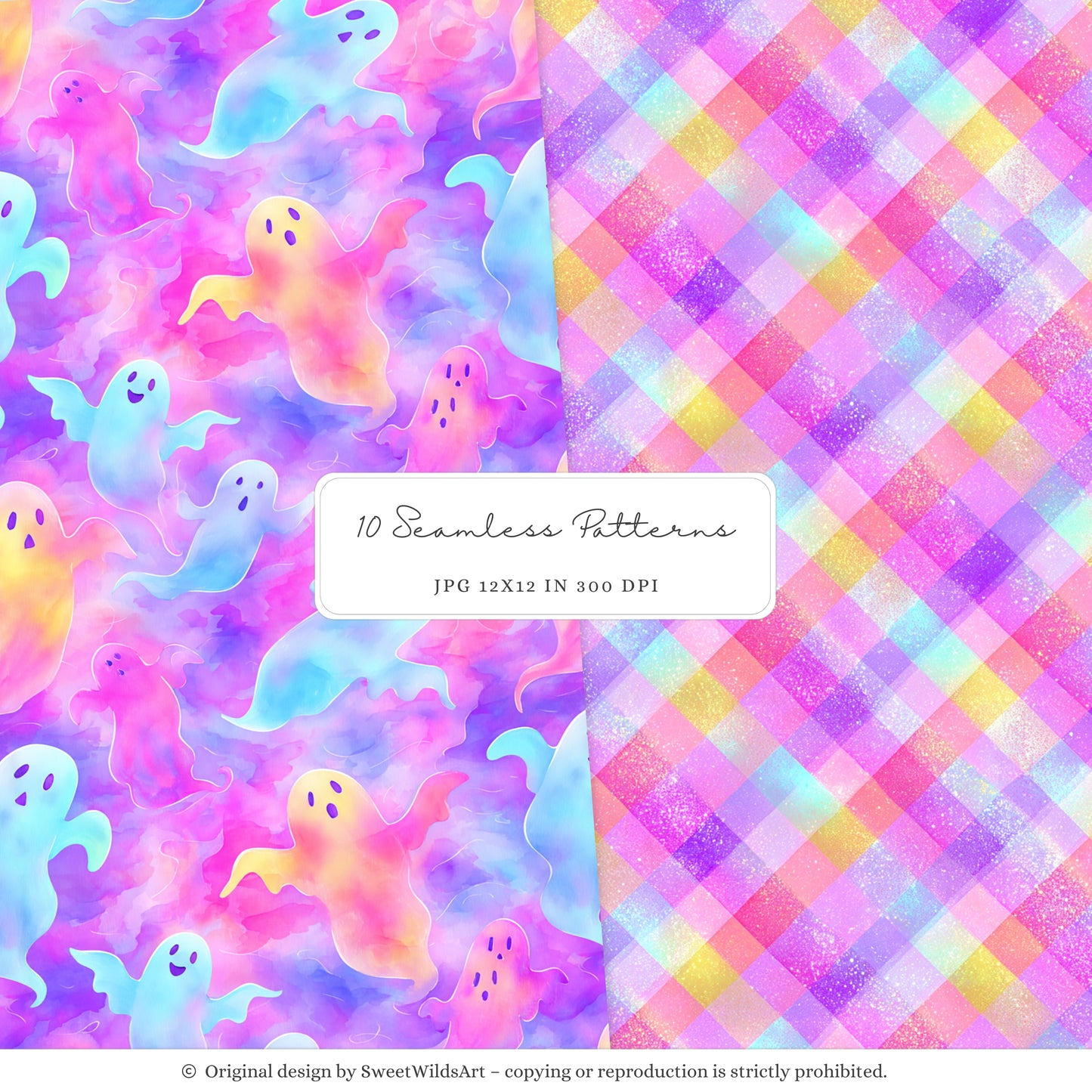 Glowlloween - Neon Seamless Halloween Patterns,Cute Ghost & Pumpkin | 10 JPEG