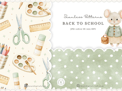 Back To School - Watercolor Seamless Patterns, Neutral School Supplies Digital Paper | 14 JPEG